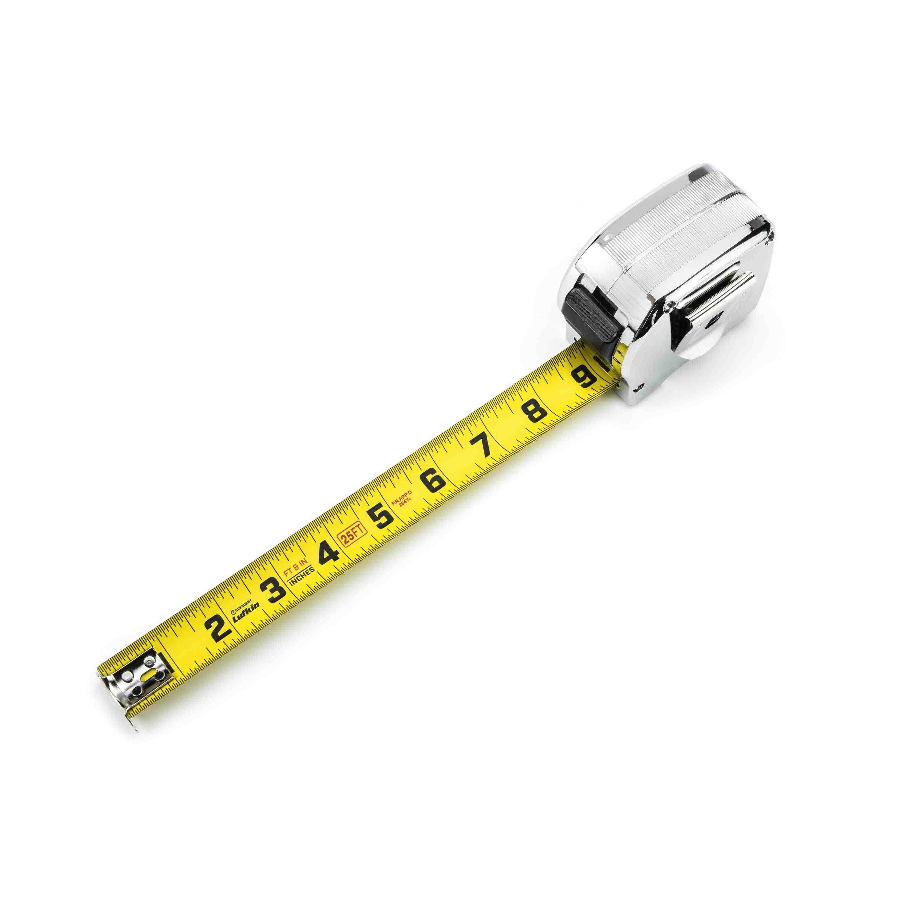 Top-down angled view of the Crescent Lufkin 25-foot tape measure showing the extra-large blade graphics and 32nd-inch graduations for high-precision layout.