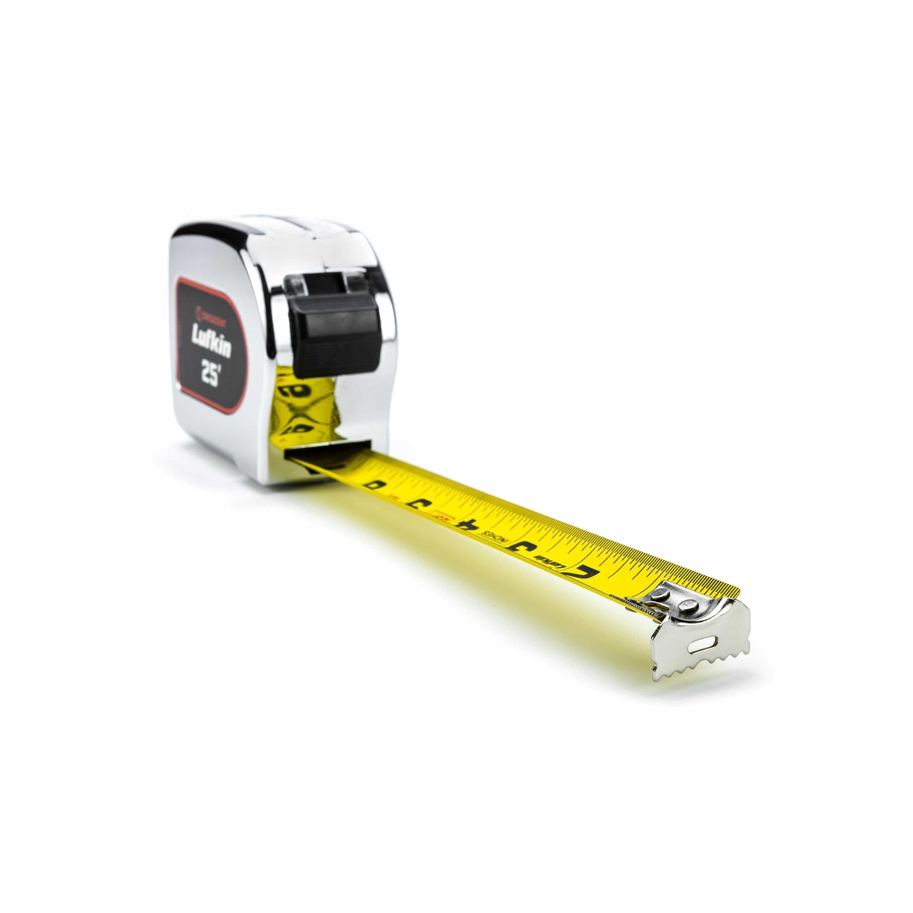 Perspective shot of the Crescent Lufkin chrome tape measure with the yellow blade extended, highlighting the 10-foot reach and the durable metal end hook.