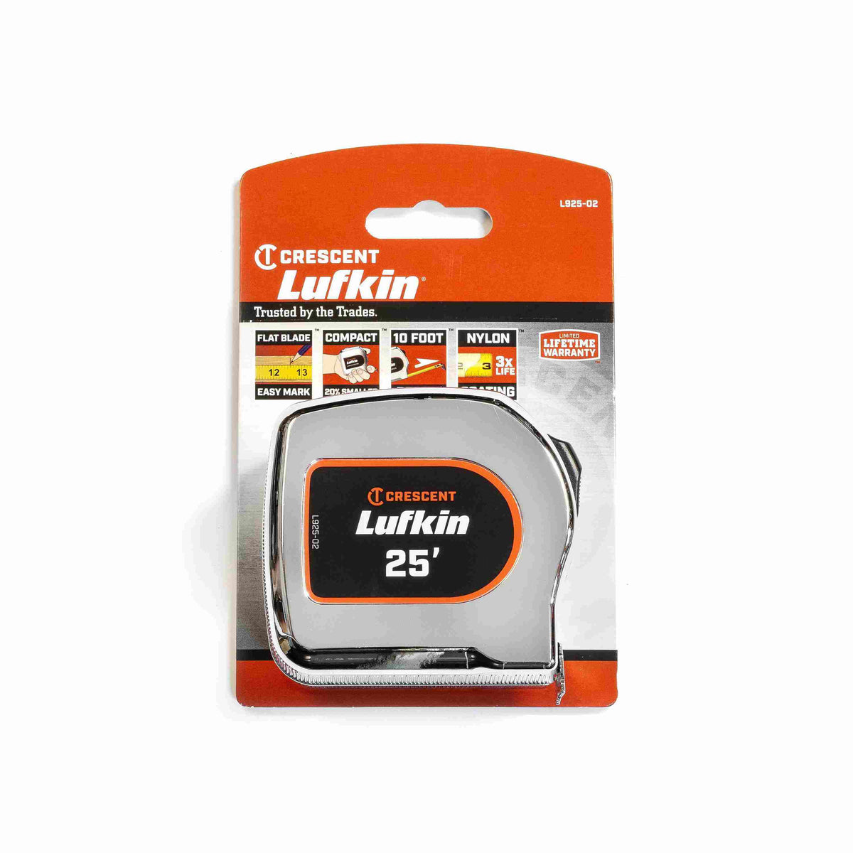 Crescent Lufkin L925-02 25-foot tape measure in its original retail carded packaging highlighting the flat blade design, 10-foot reach, and matte nylon coating.