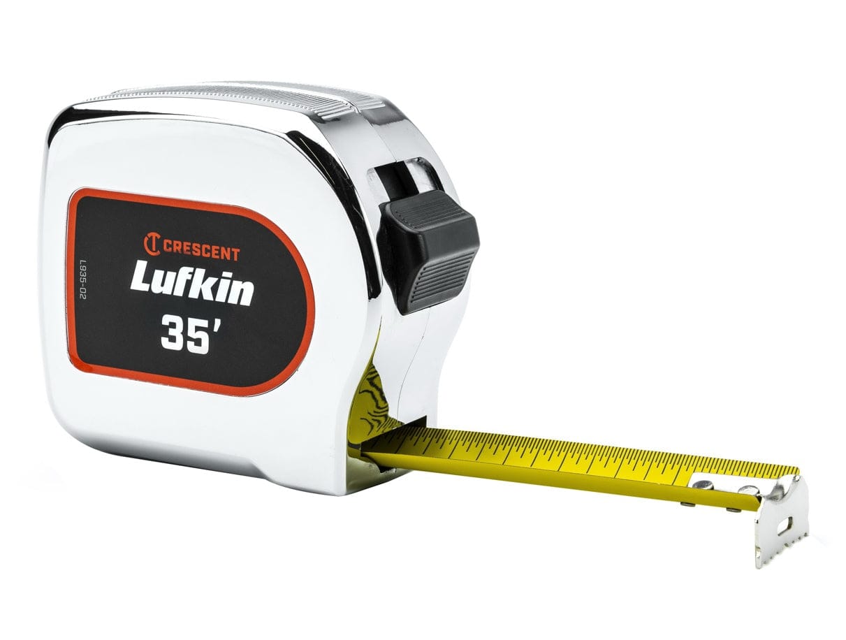 Crescent Lufkin L935-02 35-foot tape measure featuring a high-polish chrome case and a 1-1/8 inch wide yellow clad steel blade partially extended for visibility.