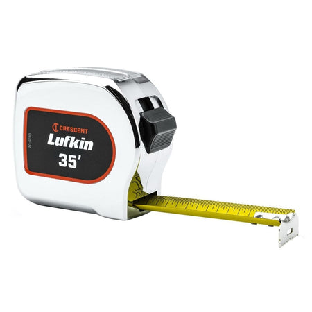 Crescent Lufkin L935-02 35-foot tape measure featuring a high-polish chrome case and a 1-1/8 inch wide yellow clad steel blade partially extended for visibility.
