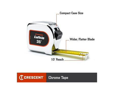 Infographic of the Crescent Lufkin 35-foot chrome tape measure highlighting the compact case size, 10-foot blade reach, and the wider, flatter blade design for professional layout work.