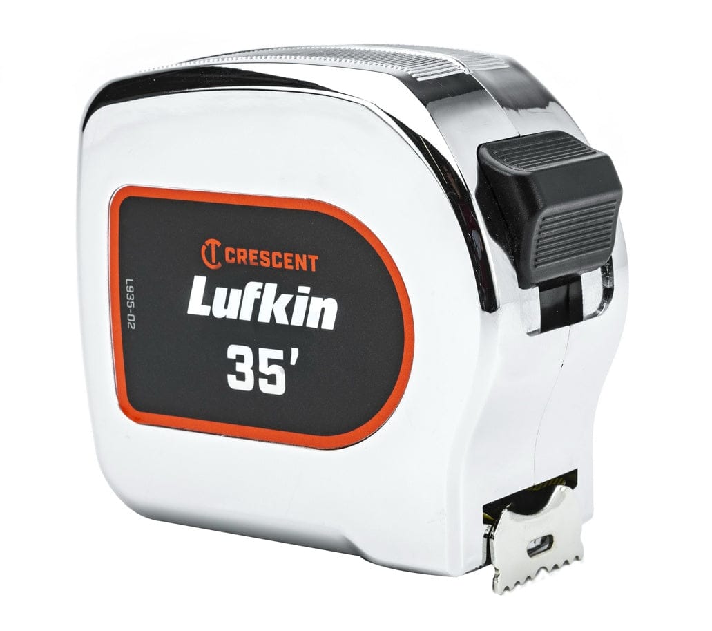 Side profile of the Crescent Lufkin L935-02 35-foot tape measure showcasing the durable chrome housing, ergonomic black sliding lock, and the heavy-duty metal end hook.