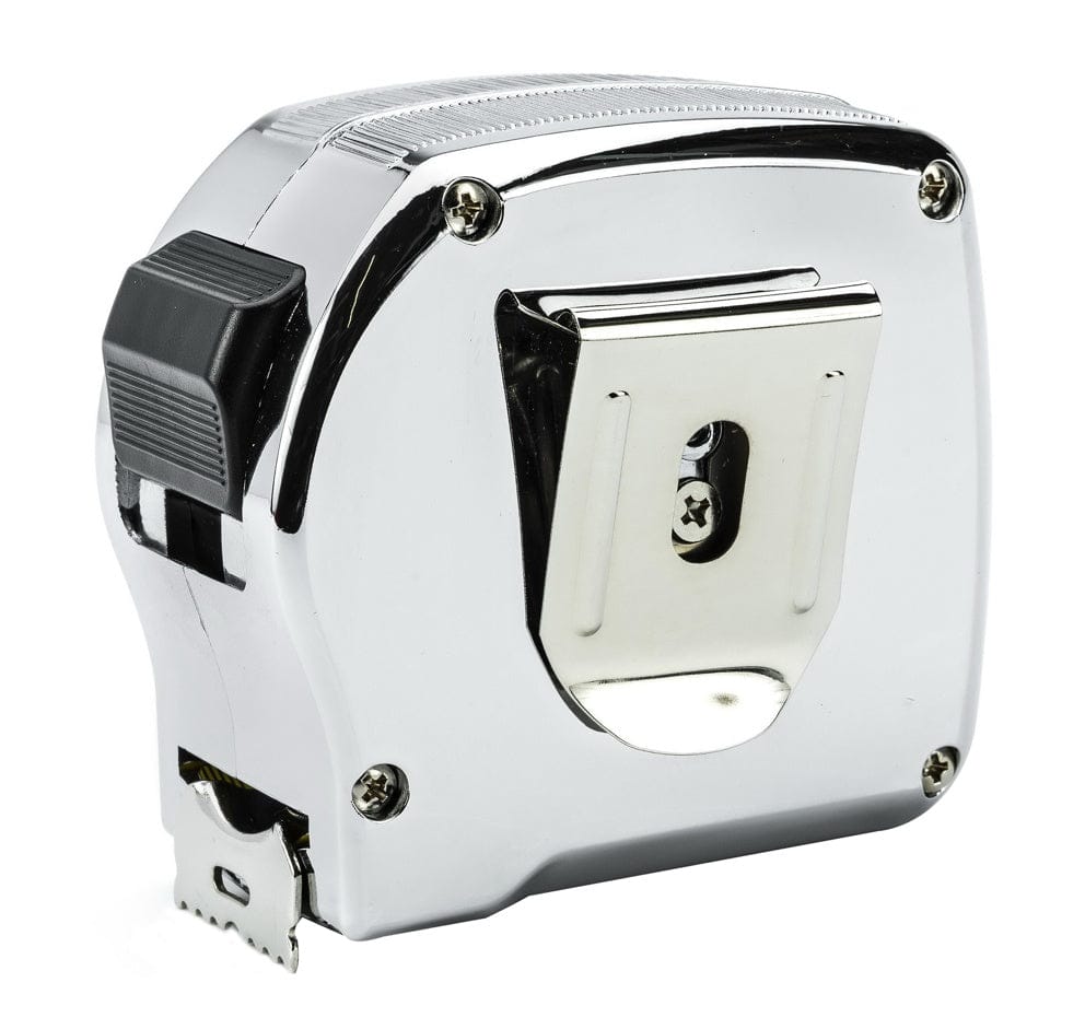 Rear view of the Crescent Lufkin 35-foot chrome tape measure illustrating the secure stainless steel belt clip fastened with a Phillips head screw to the polished metal case.
