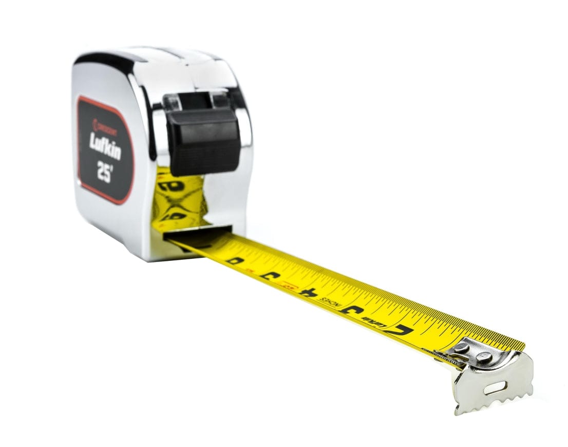 Perspective view of the Crescent Lufkin L935-02 with the yellow clad blade extended, showcasing the matte nylon coating for glare reduction and the 1-1/8 inch wide blade surface.
