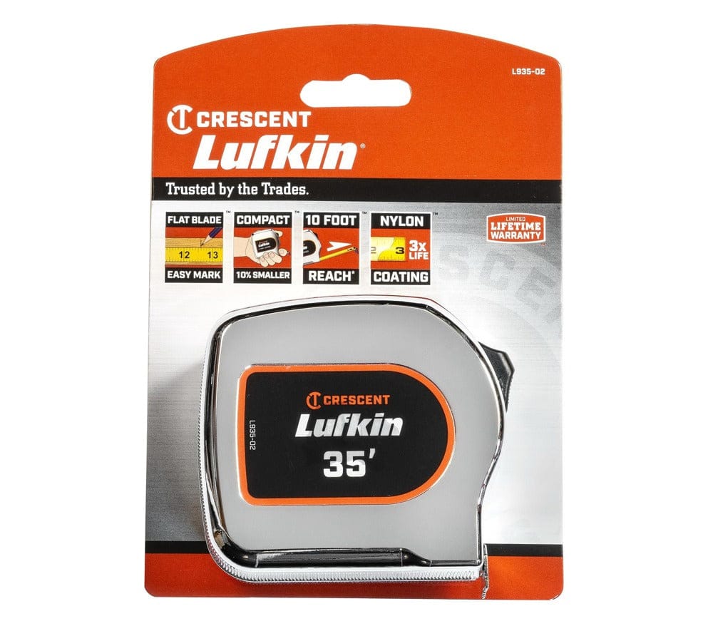 Crescent Lufkin L935-02 35-foot tape measure in original retail carded packaging, emphasizing features like the flat blade, compact design, 10-foot reach, and nylon coating.