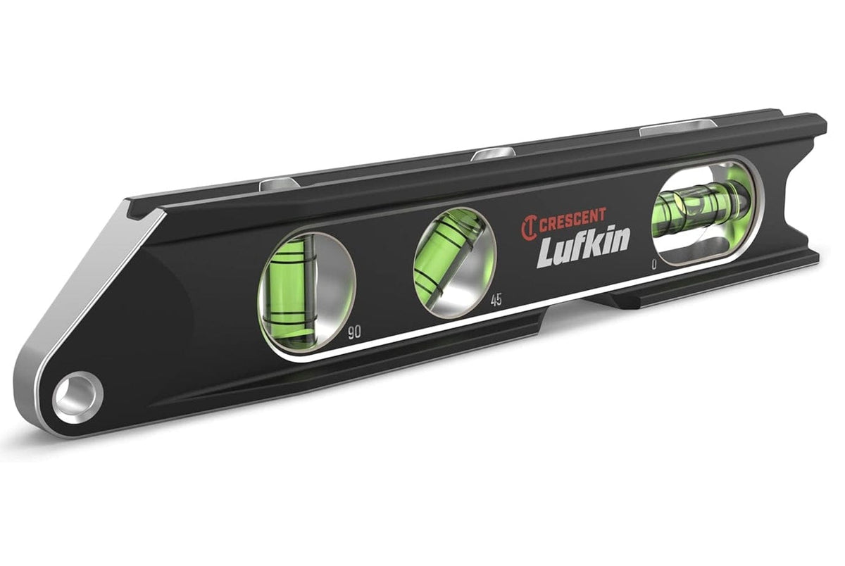 A professional product photograph of the Crescent Lufkin LBL1100-02 9-inch aluminum billet torpedo level featuring a black anodized frame with high-visibility green magnified vials for accurate horizontal, vertical, and 45-degree readings.