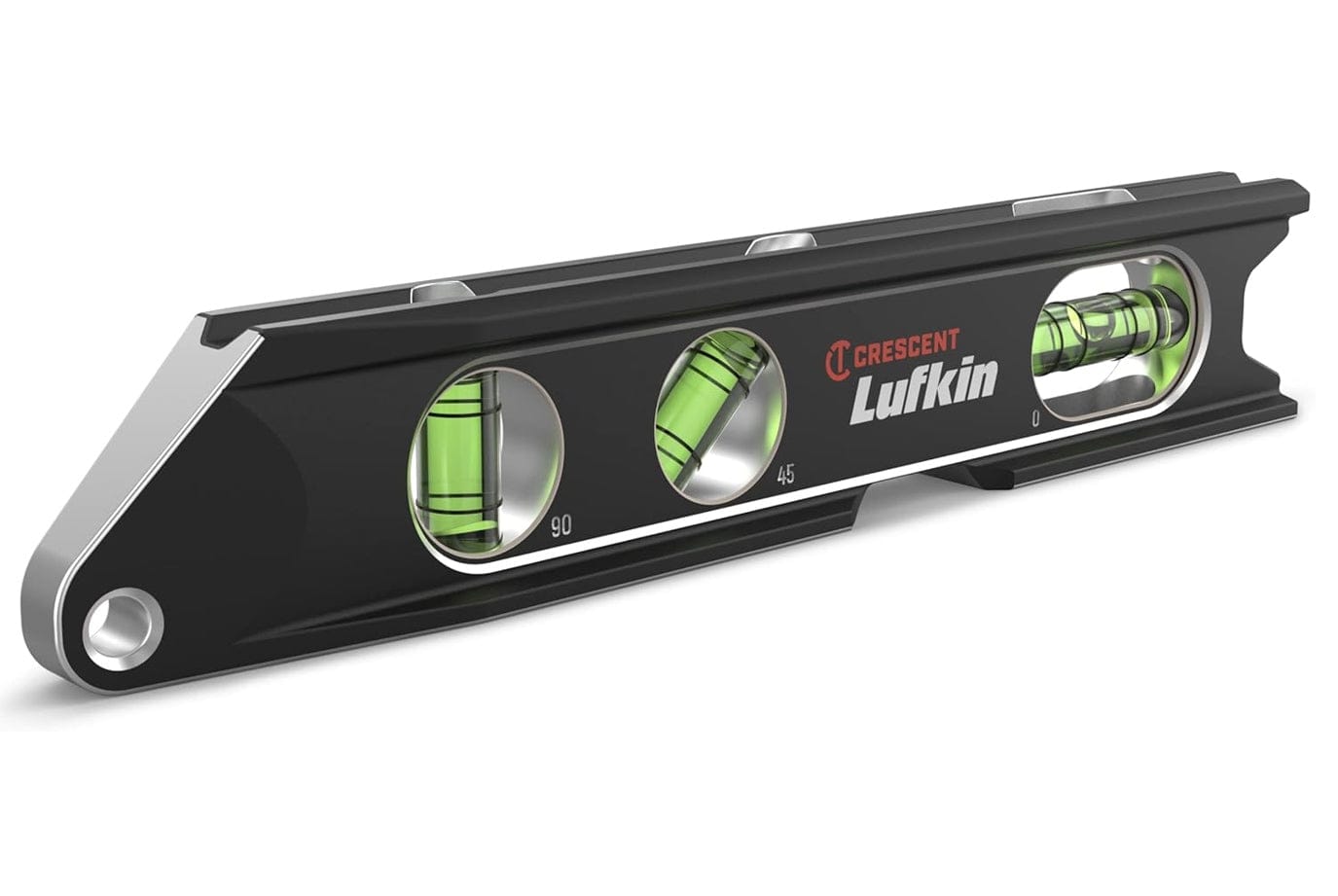 A professional product photograph of the Crescent Lufkin LBL1100-02 9-inch aluminum billet torpedo level featuring a black anodized frame with high-visibility green magnified vials for accurate horizontal, vertical, and 45-degree readings.