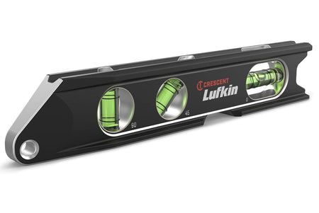 A professional product photograph of the Crescent Lufkin LBL1100-02 9-inch aluminum billet torpedo level featuring a black anodized frame with high-visibility green magnified vials for accurate horizontal, vertical, and 45-degree readings.