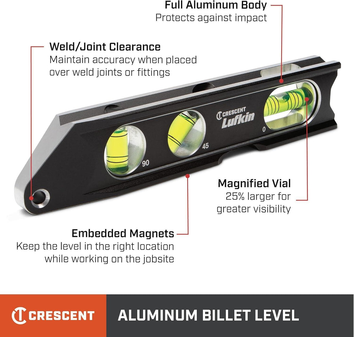 An informational product graphic for the Crescent Lufkin aluminum billet level highlighting key features including a full aluminum body for impact protection, rare earth embedded magnets for strong holding force, 25% larger magnified vials for visibility, and weld joint clearance cutouts.