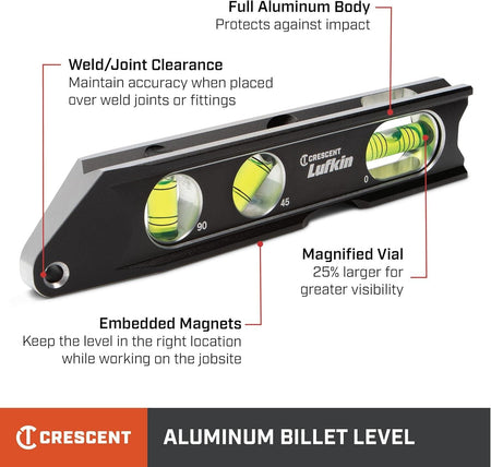 An informational product graphic for the Crescent Lufkin aluminum billet level highlighting key features including a full aluminum body for impact protection, rare earth embedded magnets for strong holding force, 25% larger magnified vials for visibility, and weld joint clearance cutouts.