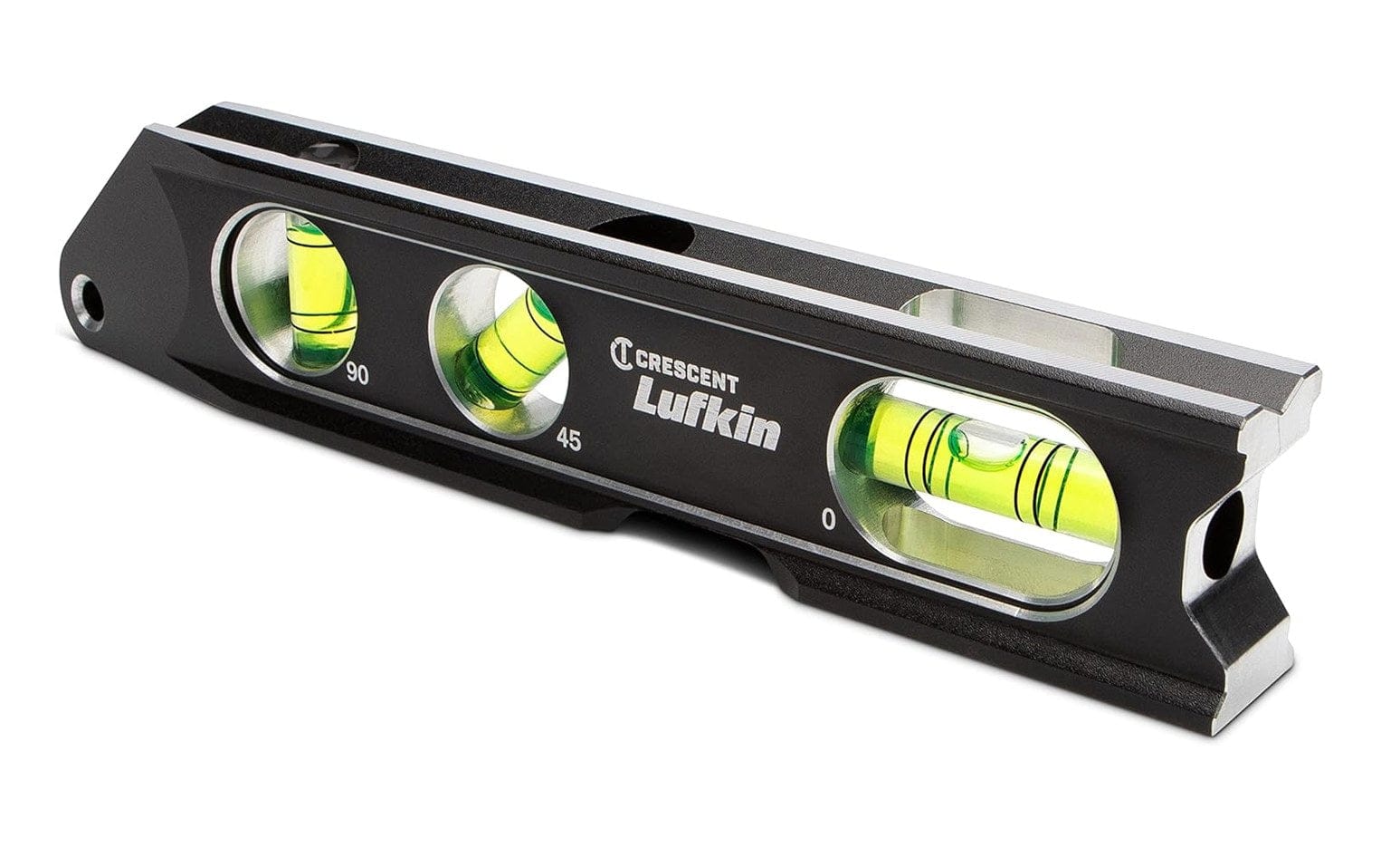 A perspective studio shot of the Crescent Lufkin LBL1100-02 billet level showcasing the machined V-groove edge designed for a secure grip on pipes and conduit and the integrated tether hole for safety when working at heights.