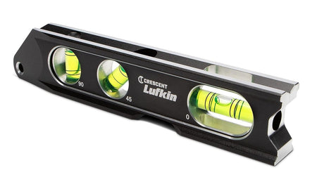 A perspective studio shot of the Crescent Lufkin LBL1100-02 billet level showcasing the machined V-groove edge designed for a secure grip on pipes and conduit and the integrated tether hole for safety when working at heights.
