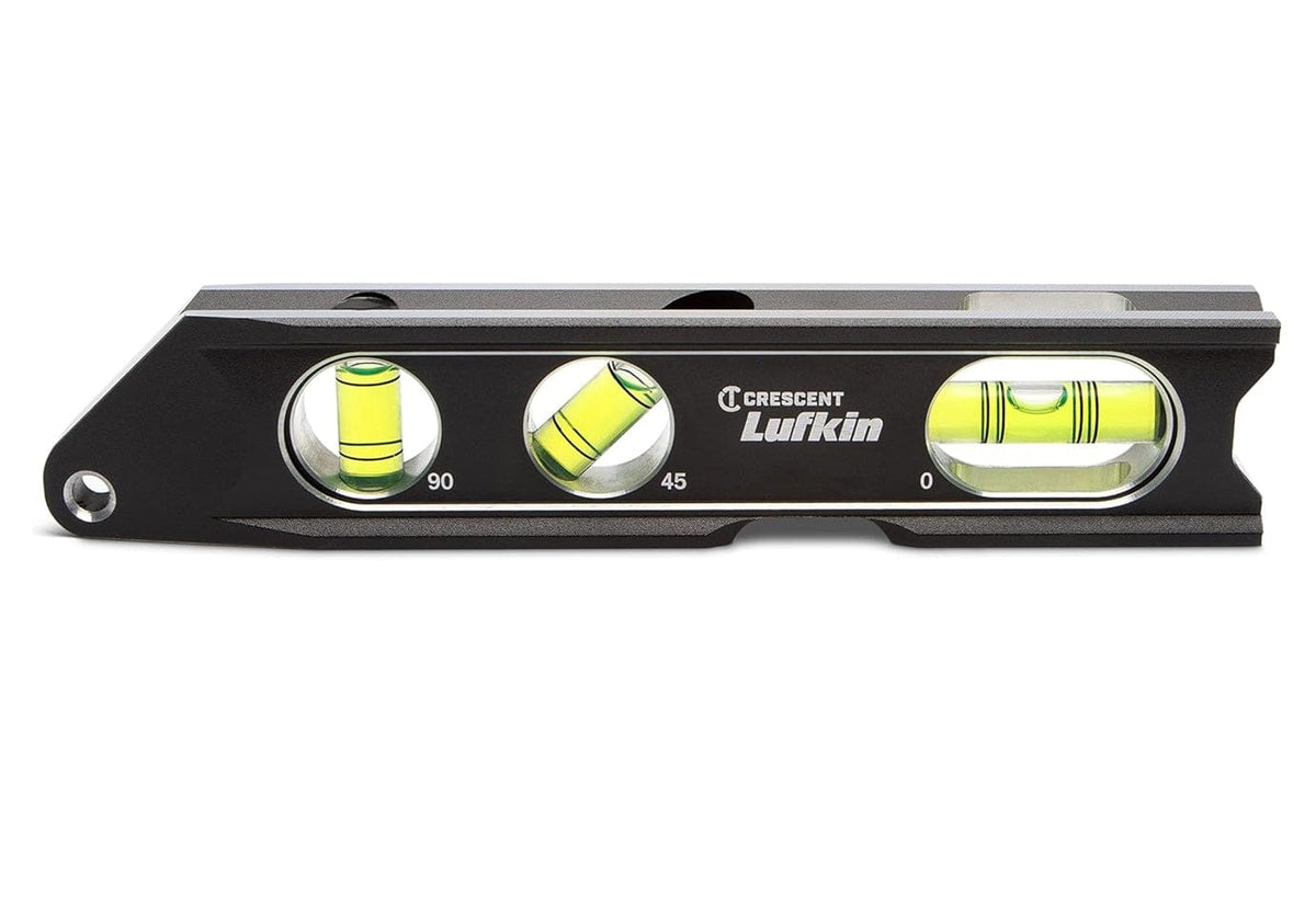 A direct side-view profile of the Crescent Lufkin 9-inch torpedo level emphasizing the slim profile and the three precision vials used for checking level, plumb, and 45-degree angles in professional trade applications.