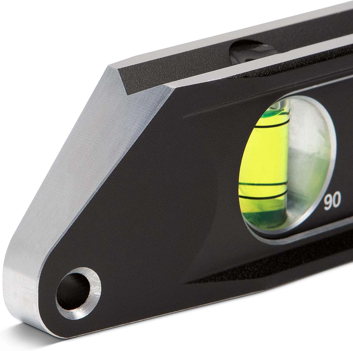 A detailed view of the tapered end of the Crescent Lufkin aluminum level highlighting the precision-machined weld clearance cutout and the industrial-grade billet construction used for heavy-duty jobsite durability.