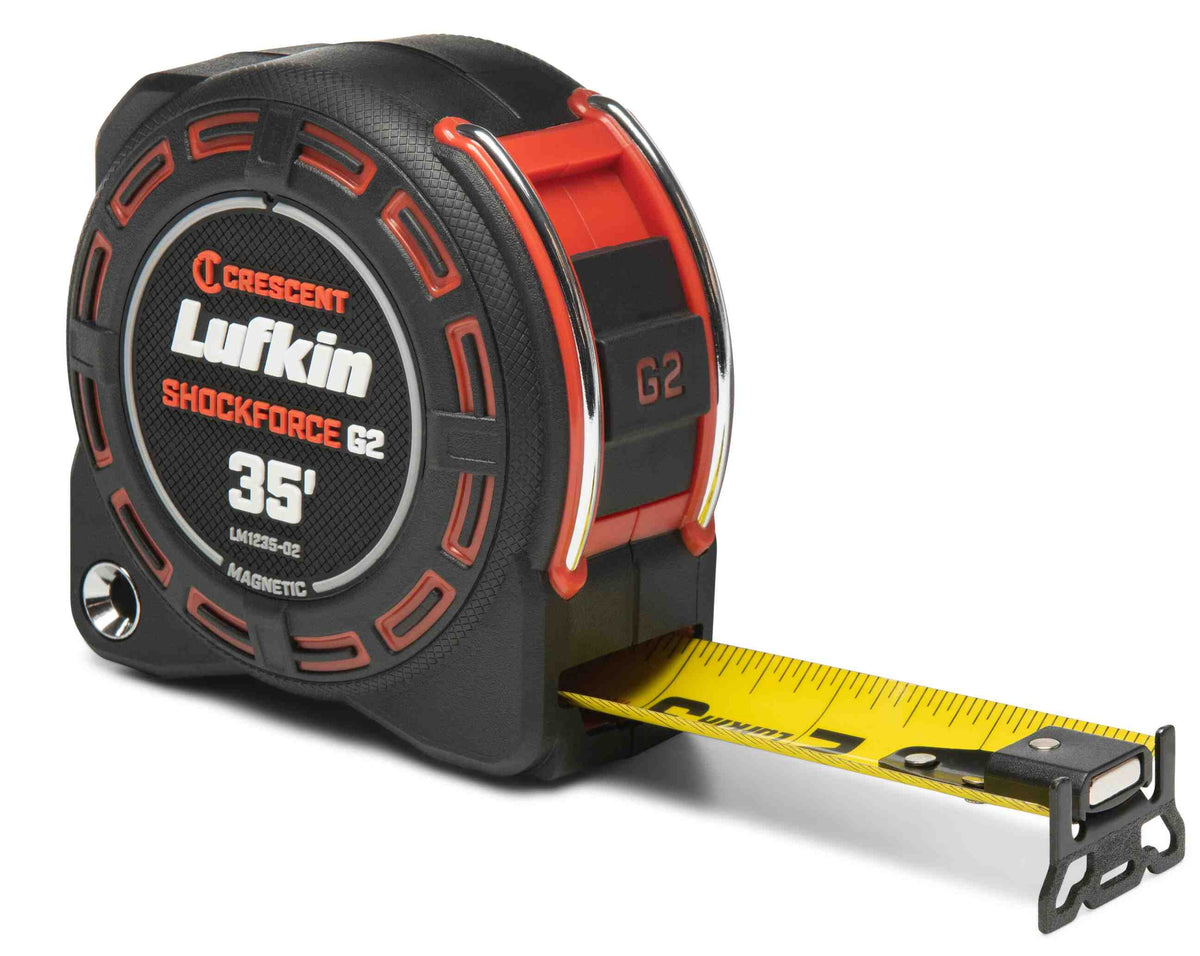 Crescent Lufkin LM1235-02 Shockforce G2 35-foot magnetic tape measure featuring a rugged matte black housing with orange accents and a high-visibility yellow blade partially extended.