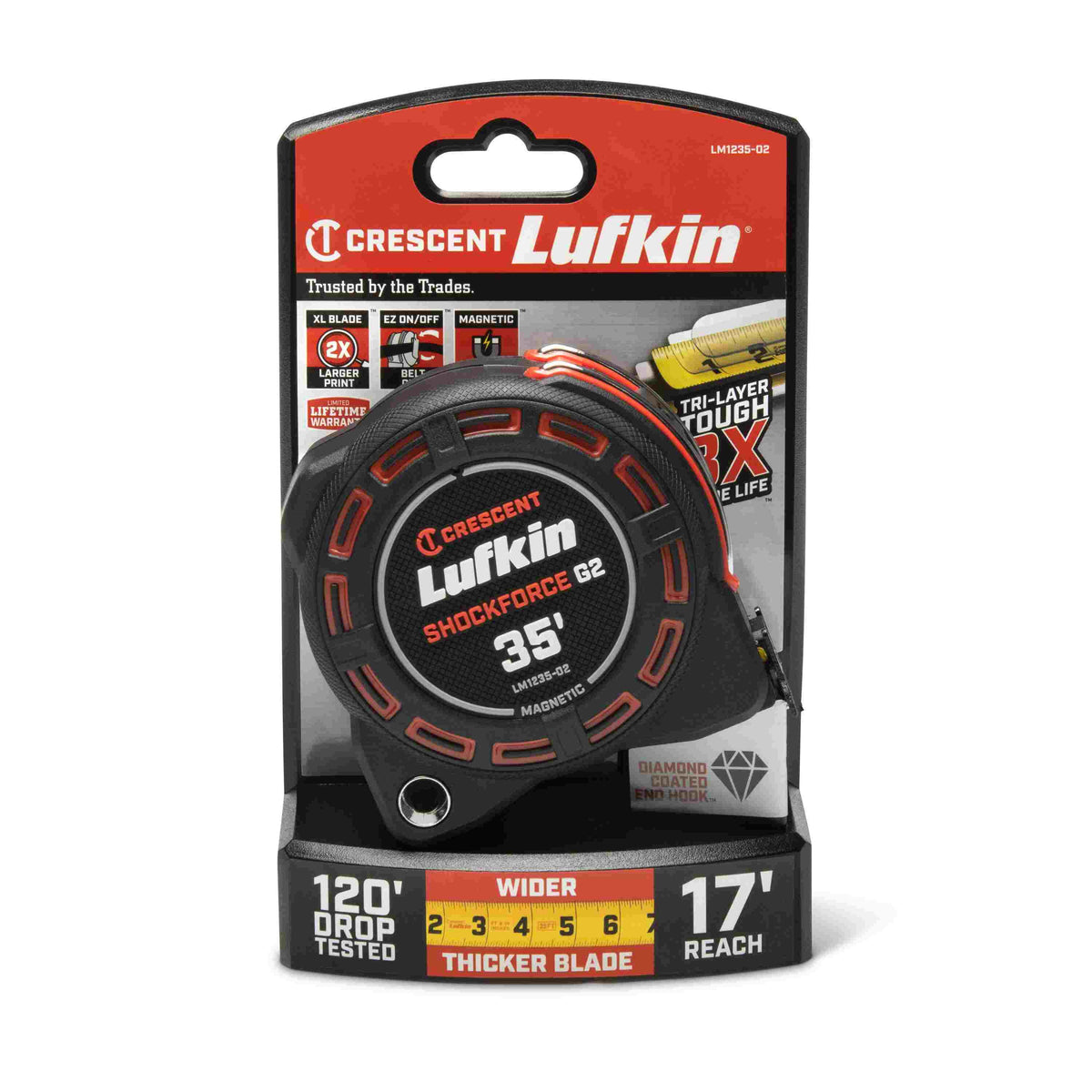 Crescent Lufkin LM1235-02 tape measure in its original retail packaging, emphasizing the 120-foot drop test rating, 17-foot reach, and 3X blade life.