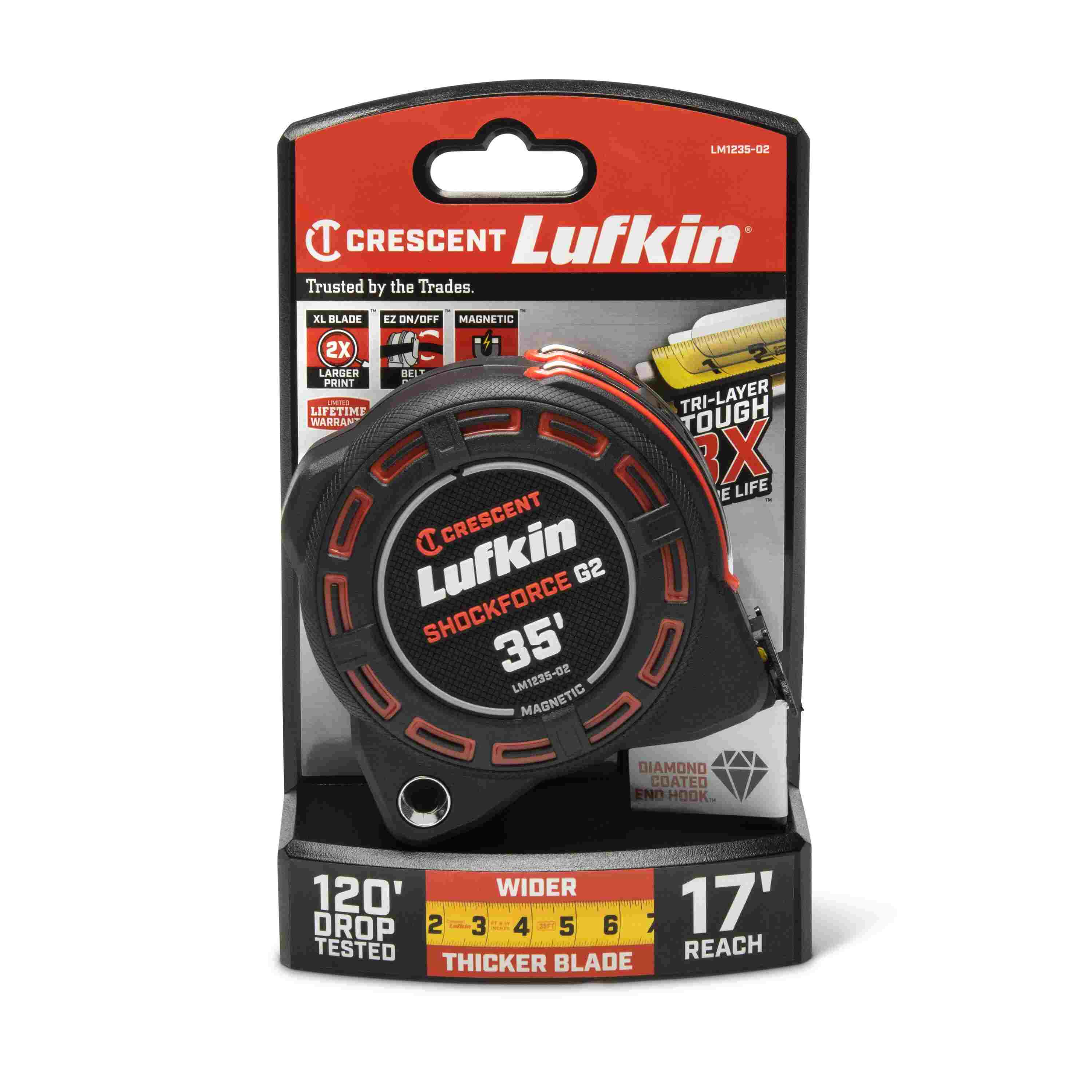 Crescent Lufkin LM1235-02 tape measure in its original retail packaging, emphasizing the 120-foot drop test rating, 17-foot reach, and 3X blade life.