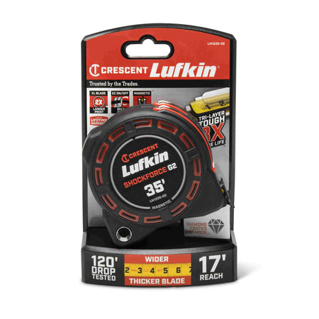 Crescent Lufkin LM1235-02 tape measure in its original retail packaging, emphasizing the 120-foot drop test rating, 17-foot reach, and 3X blade life.