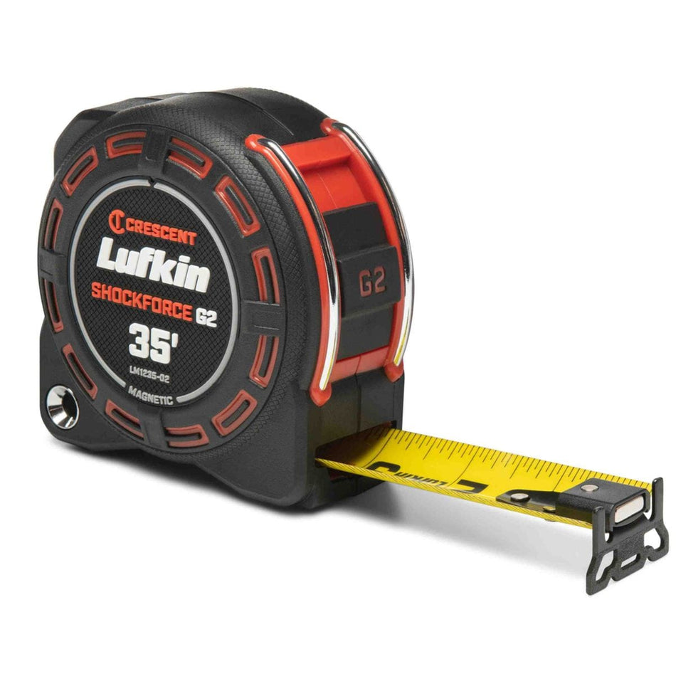 Crescent Lufkin LM1235-02 Shockforce G2 35-foot magnetic tape measure featuring a rugged matte black housing with orange accents and a high-visibility yellow blade partially extended.