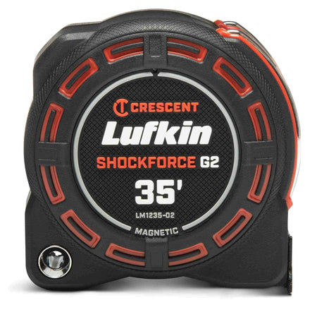 Front-facing view of the Crescent Lufkin LM1235-02 Shockforce G2 35-foot magnetic tape measure illustrating the compact, impact-resistant composite case and positive blade lock mechanism.