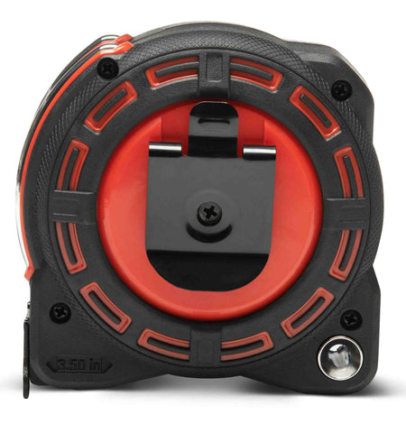 Rear view of the Crescent Lufkin Shockforce G2 magnetic tape measure highlighting the heavy-duty black steel belt clip and the integrated steel tether point for working safely at heights.