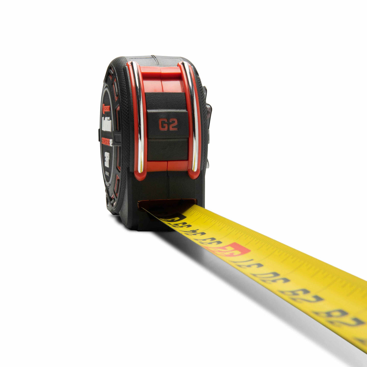 Perspective shot of the Crescent Shockforce G2 magnetic tape measure with the yellow blade extended, showcasing the high-contrast dual-sided measurement markings.