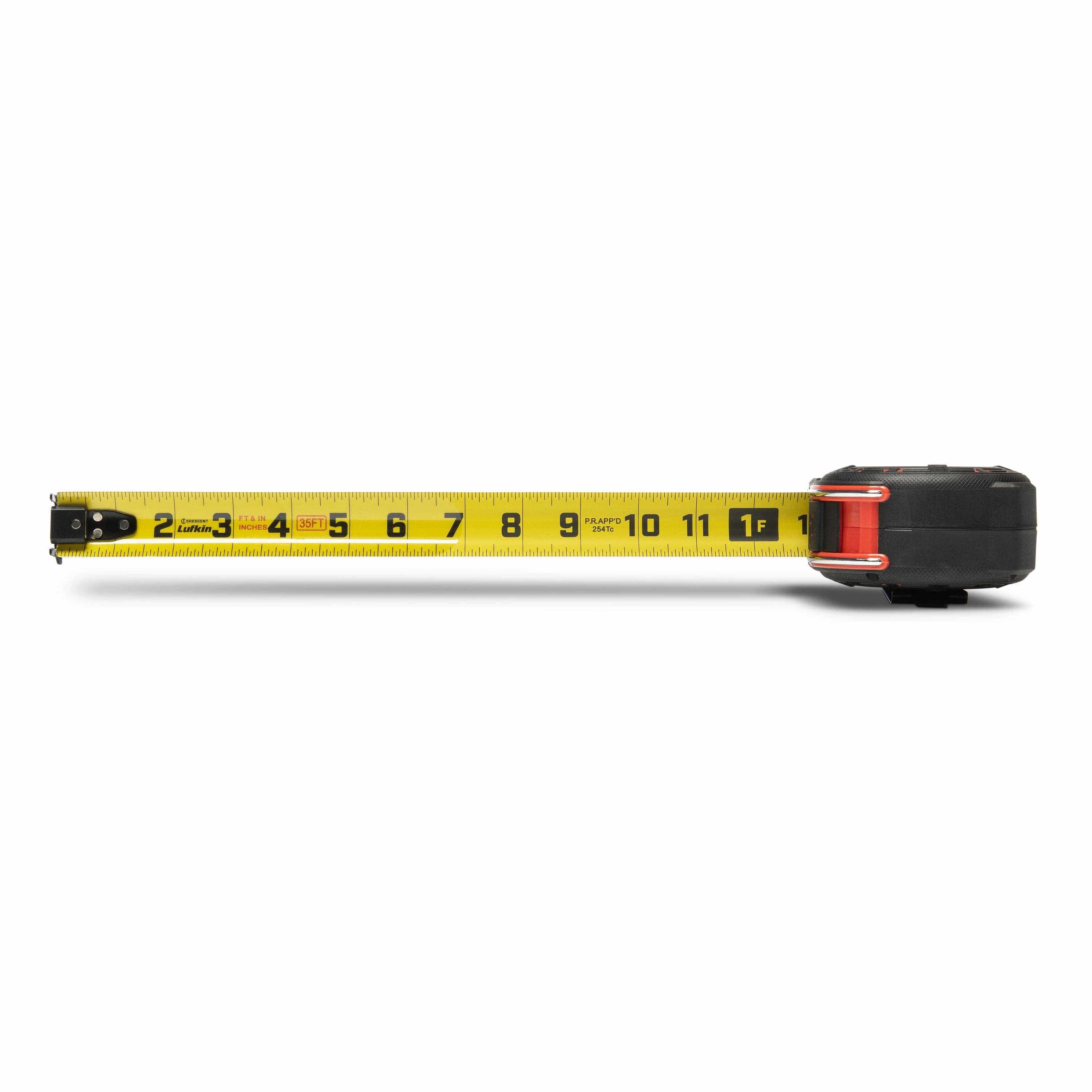 Side profile view of the Crescent Lufkin LM1235-02 magnetic tape measure with the blade deployed, demonstrating the large, easy-to-read SAE measurement increments.