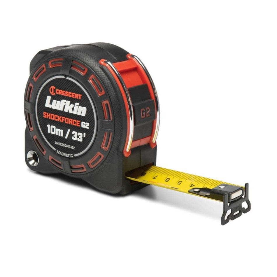 Angled view of the Crescent Lufkin LM1235CME-02 Shockforce G2 33 foot 10m magnetic tape measure with the dual-sided SAE and metric blade partially extended.