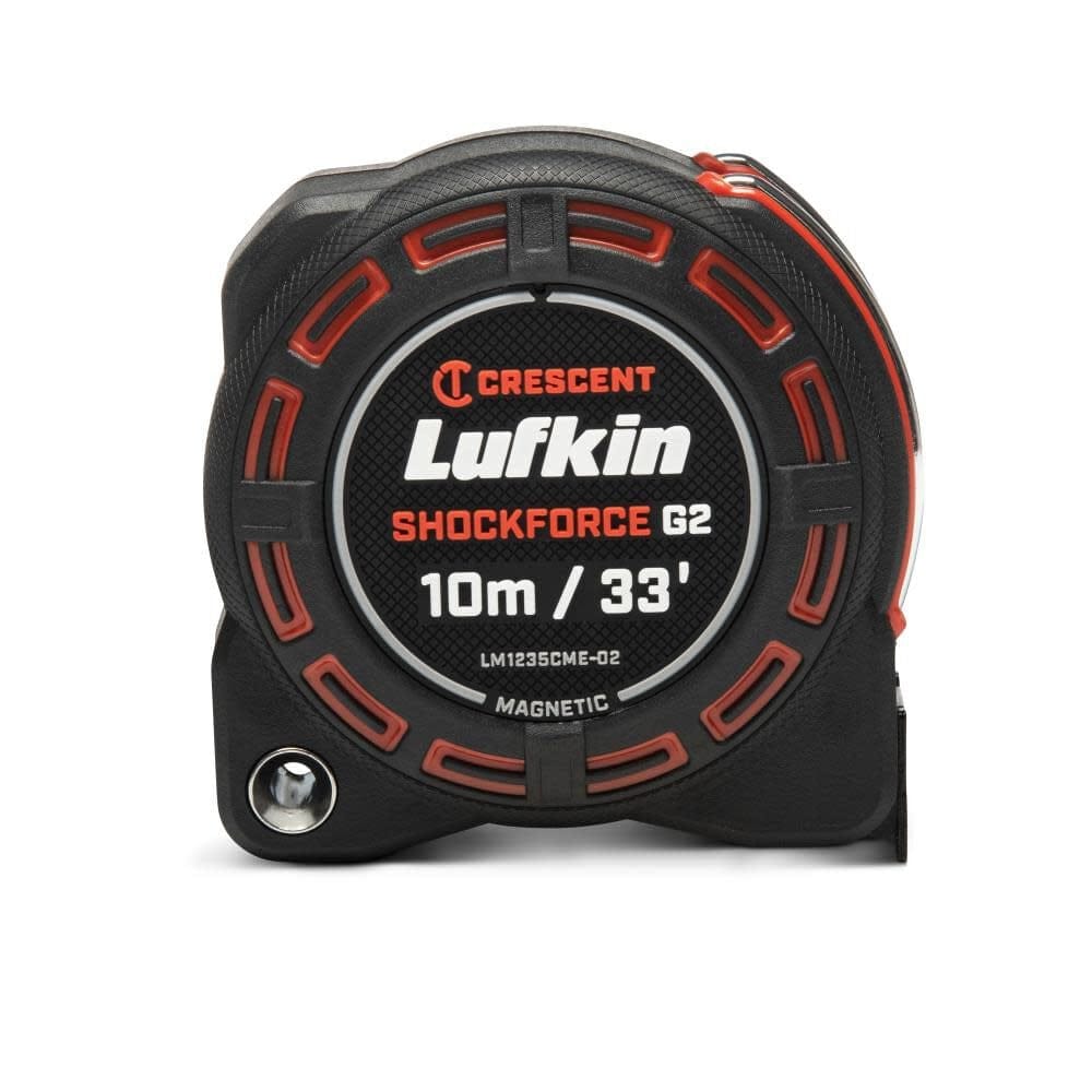 Front profile of the heavy duty Crescent Lufkin Shockforce G2 33 foot tape measure showing the rugged black housing and red accents.