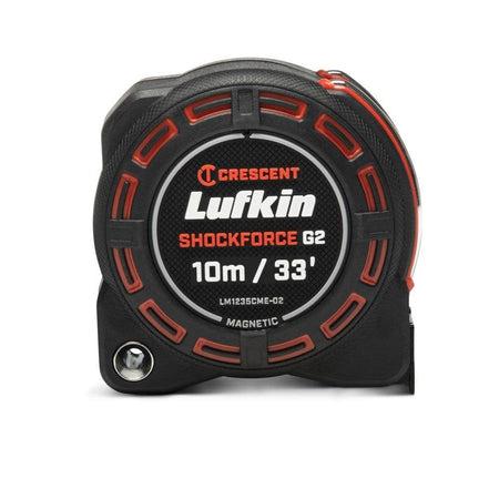 Front profile of the heavy duty Crescent Lufkin Shockforce G2 33 foot tape measure showing the rugged black housing and red accents.