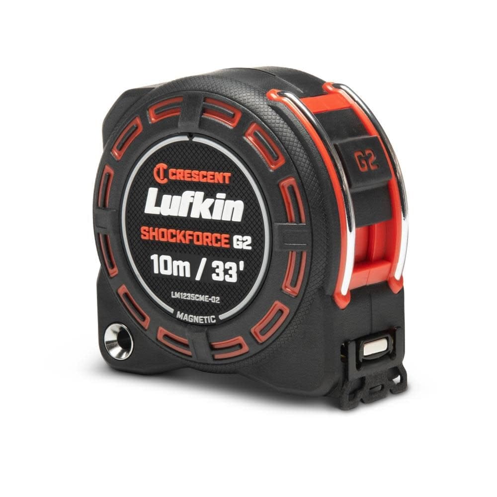 Side angle of the Crescent Lufkin Shockforce G2 tape measure highlighting the easy-to-use blade lock button and durable protective casing.