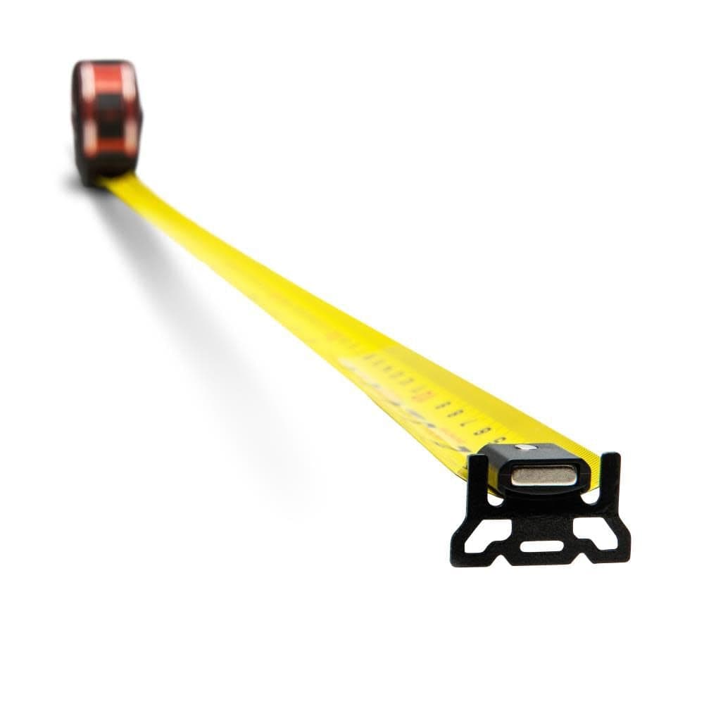 Focus on the diamond coated magnetic end hook of the Crescent Lufkin 33 foot tape measure with the wide yellow blade extending back to the tool housing.
