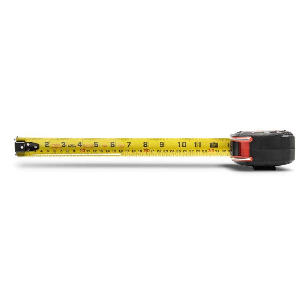 Top down view of the extended blade on the Crescent Lufkin 33 foot 10m tape measure clearly showing the heavy duty dual-sided metric and SAE measurements.