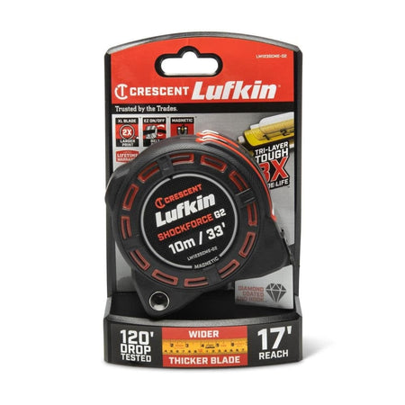 Front retail packaging of the Crescent Lufkin LM1235CME-02 Shockforce G2 magnetic tape measure highlighting its 17 foot reach and 120 foot drop tested durability.