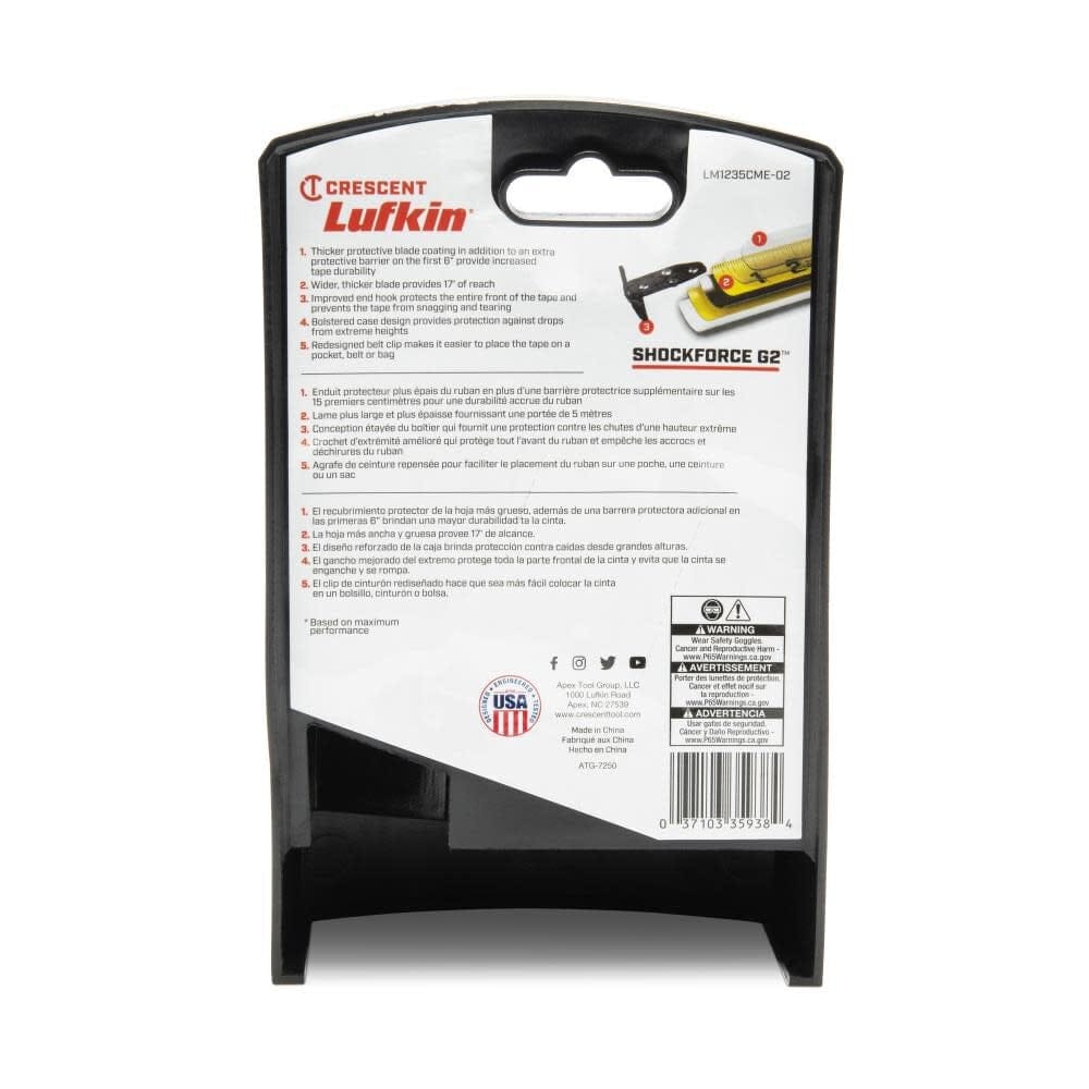 Back of the retail packaging for the Crescent Lufkin Shockforce G2 33 foot tape measure detailing key features like the thicker blade and improved protective end hook.