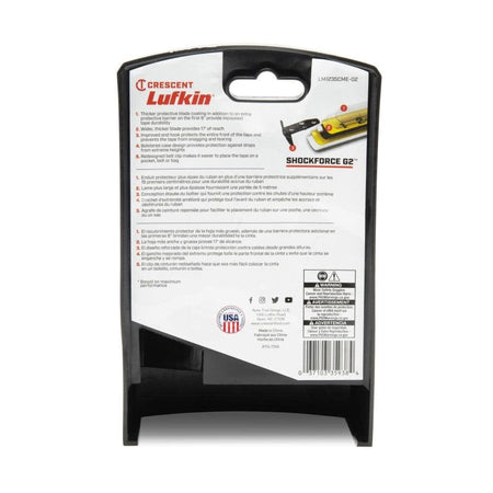 Back of the retail packaging for the Crescent Lufkin Shockforce G2 33 foot tape measure detailing key features like the thicker blade and improved protective end hook.
