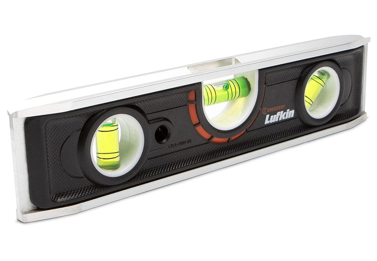 A professional product photograph of the Crescent Lufkin LTLA1100-02 9-inch aluminum torpedo level featuring a reinforced silver aluminum frame with three high-visibility green magnified vials for precision leveling.