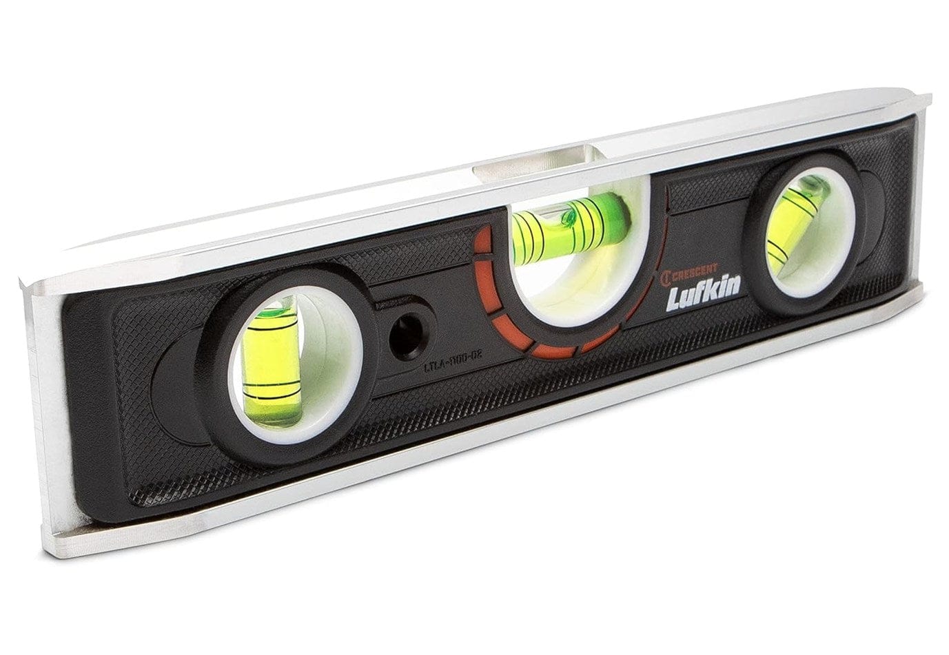 A professional product photograph of the Crescent Lufkin LTLA1100-02 9-inch aluminum torpedo level featuring a reinforced silver aluminum frame with three high-visibility green magnified vials for precision leveling.