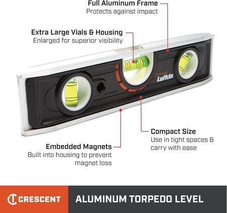 An informational product graphic for the Crescent Lufkin aluminum torpedo level highlighting key features including extra-large vials and housing for superior visibility, a full aluminum frame for impact protection, and embedded magnets built into the housing.