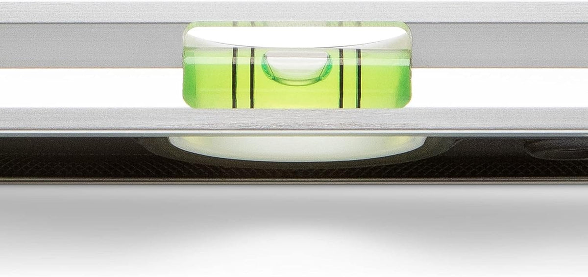 A top-down view of the large center magnified vial on the Crescent Lufkin torpedo level, emphasizing the clear pitch lines and the enlarged bubble design that provides 25 percent greater visibility for professional tradespeople.