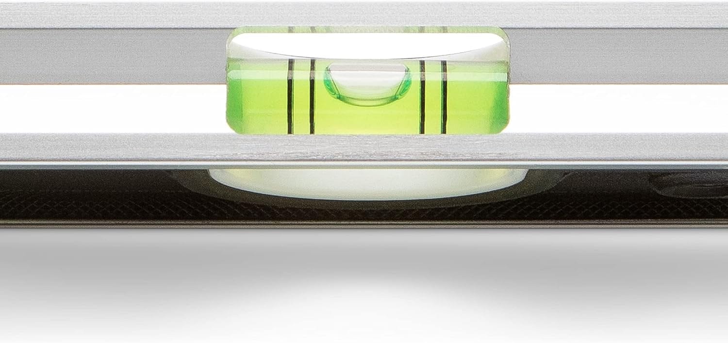 A top-down view of the large center magnified vial on the Crescent Lufkin torpedo level, emphasizing the clear pitch lines and the enlarged bubble design that provides 25 percent greater visibility for professional tradespeople.