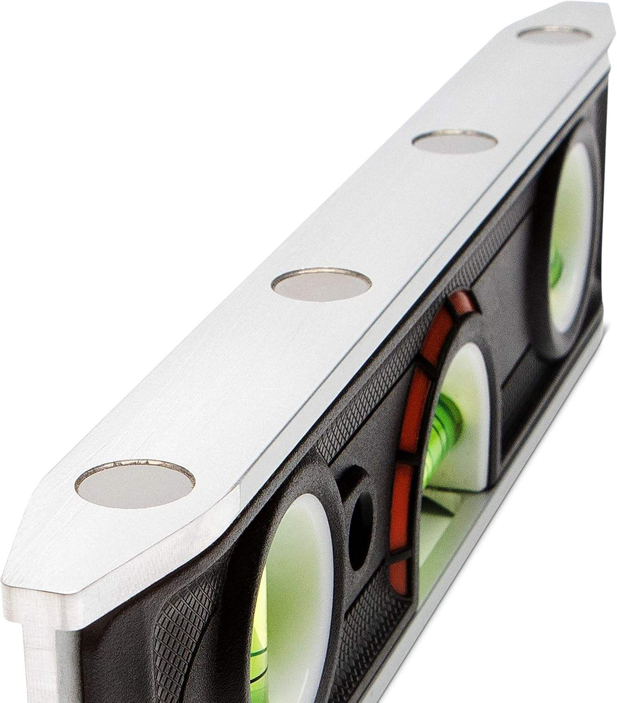 A perspective studio shot of the Crescent Lufkin LTLA1100-02 level emphasizing its slim, compact profile and the powerful embedded rare earth magnets located along the top edge for hands-free professional use.