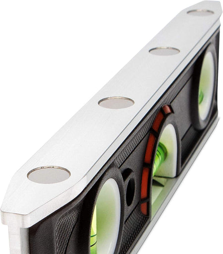 A perspective studio shot of the Crescent Lufkin LTLA1100-02 level emphasizing its slim, compact profile and the powerful embedded rare earth magnets located along the top edge for hands-free professional use.