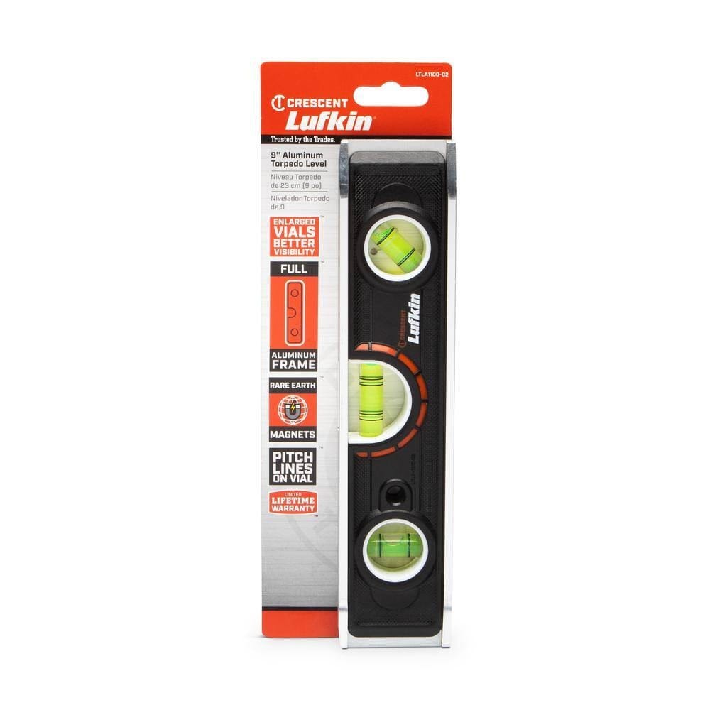 A professional retail packaging shot of the Crescent Lufkin LTLA1100-02 9-inch aluminum torpedo level detailing its full aluminum frame, rare earth magnets, 1/4-inch pitch lines, and limited lifetime warranty.