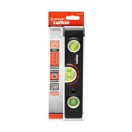A professional retail packaging shot of the Crescent Lufkin LTLA1100-02 9-inch aluminum torpedo level detailing its full aluminum frame, rare earth magnets, 1/4-inch pitch lines, and limited lifetime warranty.