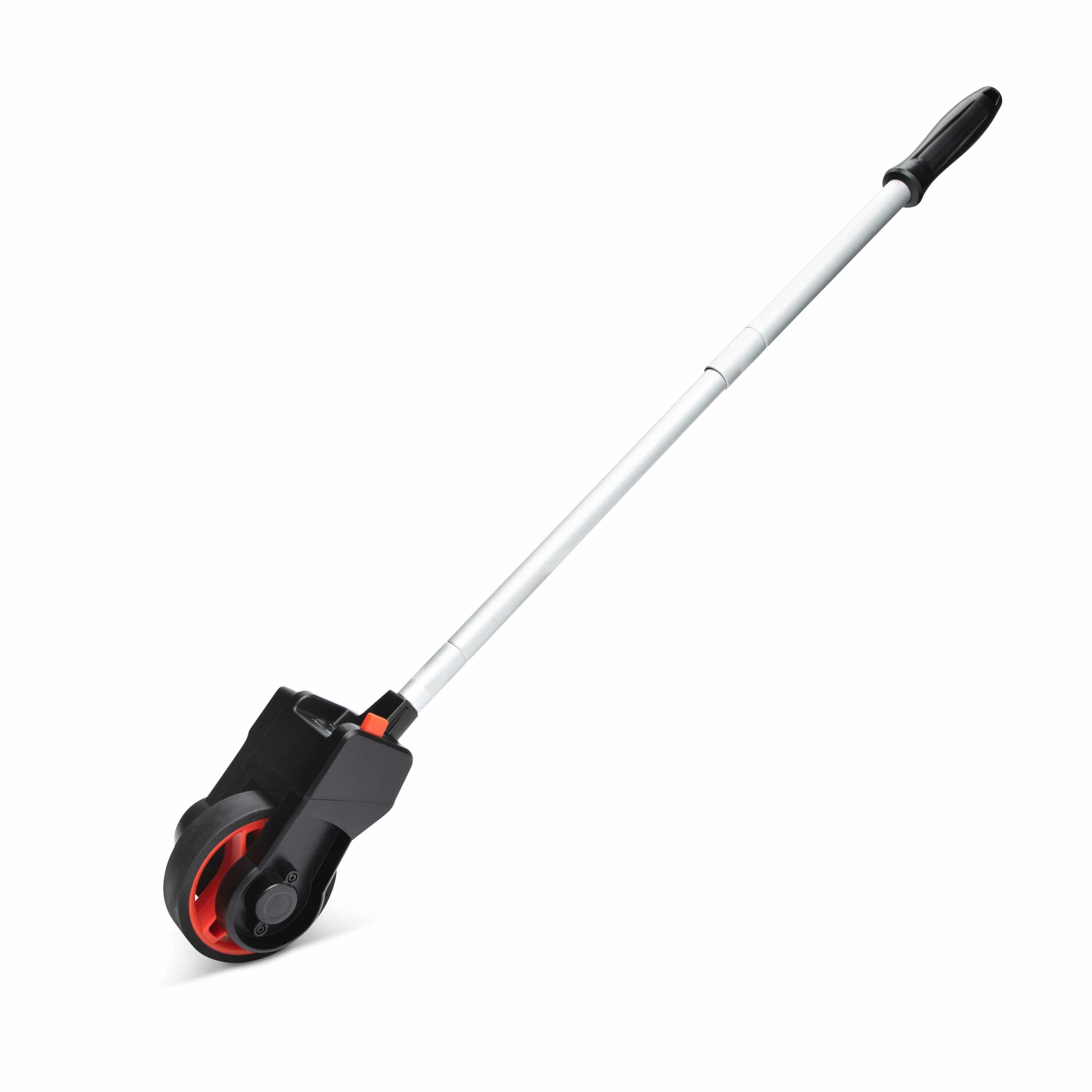 The Crescent Lufkin 4-inch compact measuring wheel with its aluminum telescoping handle fully extended, showing the ergonomic black pistol grip handle and orange hub.
