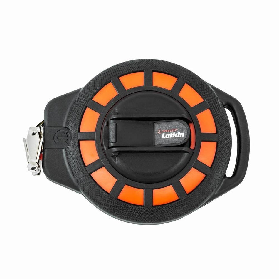 Top-down view of the Crescent Lufkin ST100-07 100-foot steel construction long tape measure featuring a durable black and orange ergonomic case design for professional surveyors.