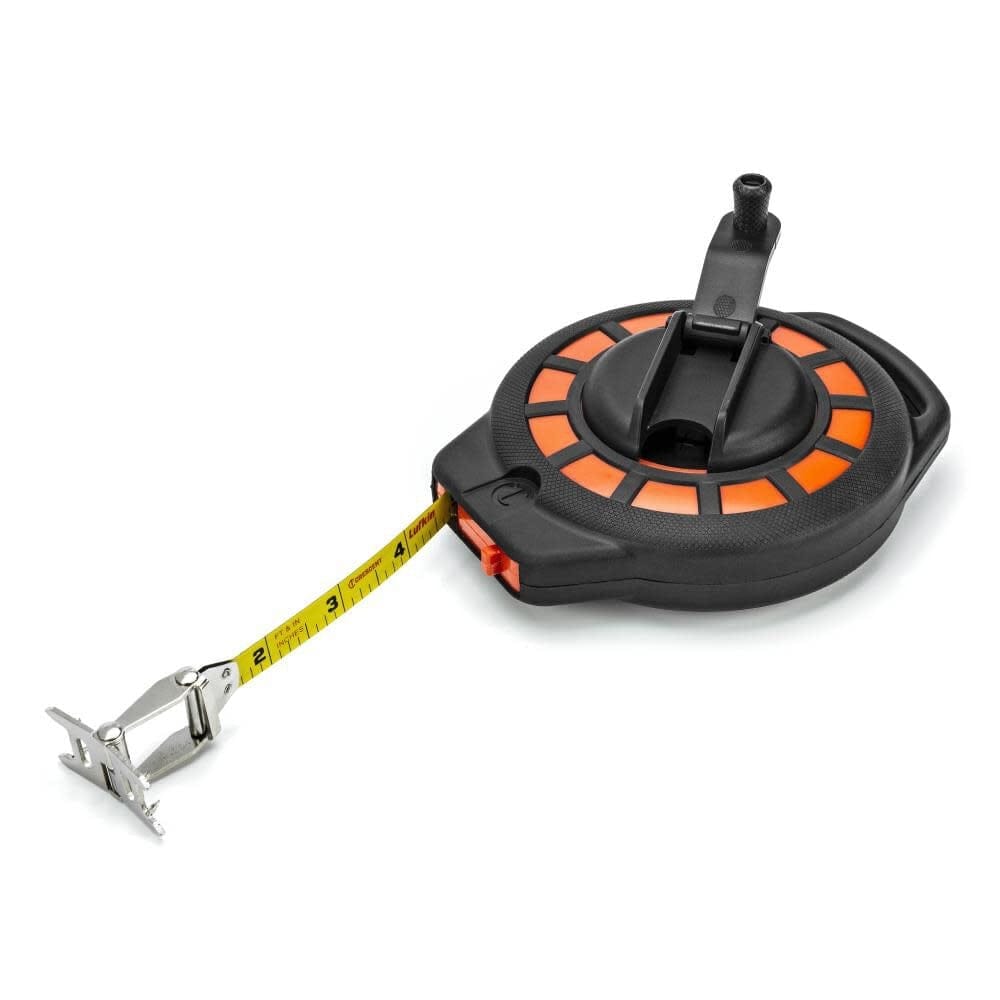 The Crescent Lufkin 100-foot steel tape measure with its dual-sided blade partially deployed, showing the extra-wide two-way end hook and the 3:1 rapid-rewind handle in the open position.
