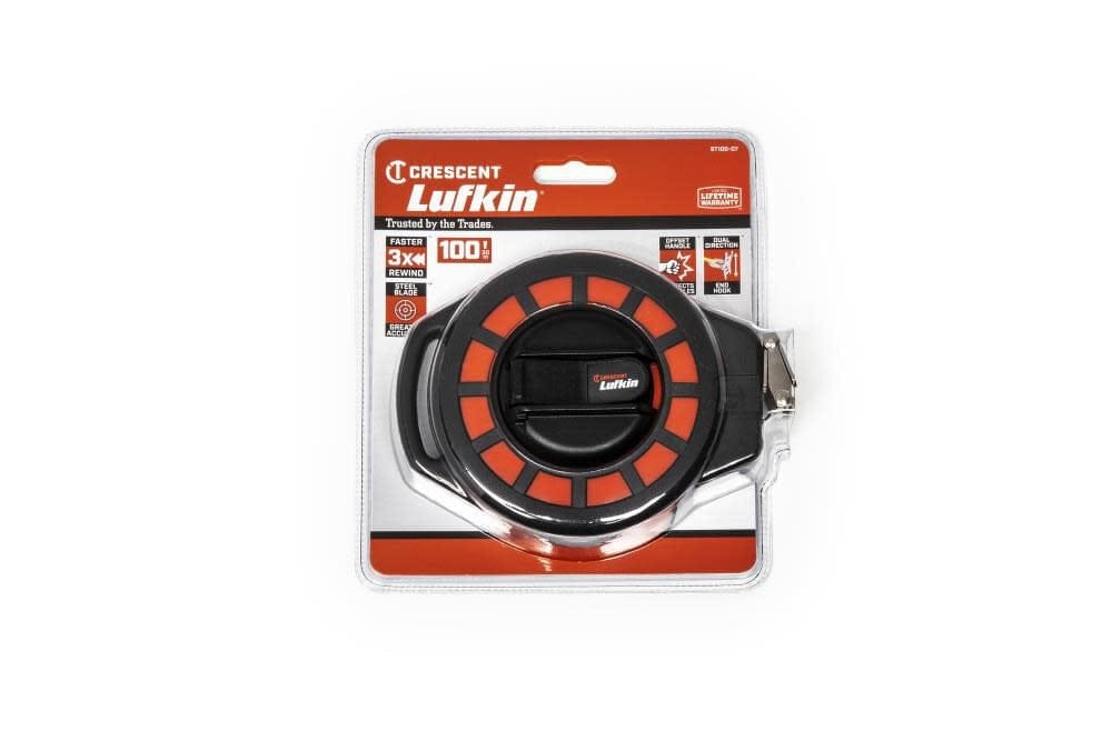Original retail packaging for the Crescent Lufkin ST100-07 steel blade long tape, highlighting key features like the 3X faster rewind, dual-direction end hook, and offset anti-knuckle busting handle.